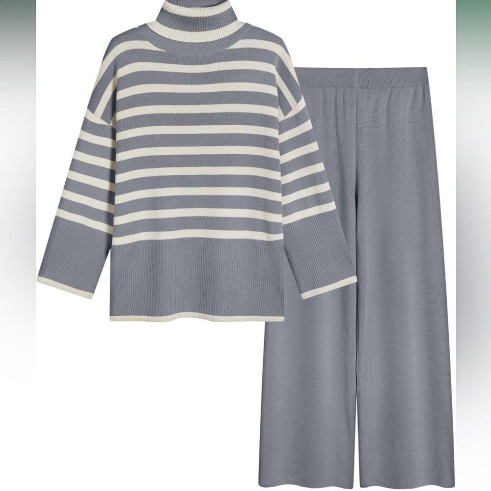 Grey & White Striped Knit Sweater Lounge Set XL NWT Wide Leg Pants